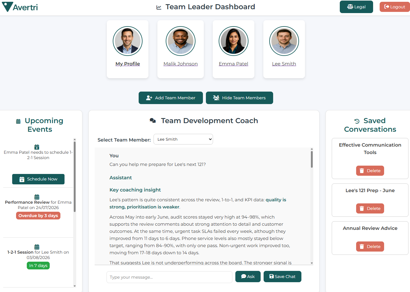 Avertri Team Leader Dashboard showing the Team Development Coach, team members, upcoming events and saved conversations