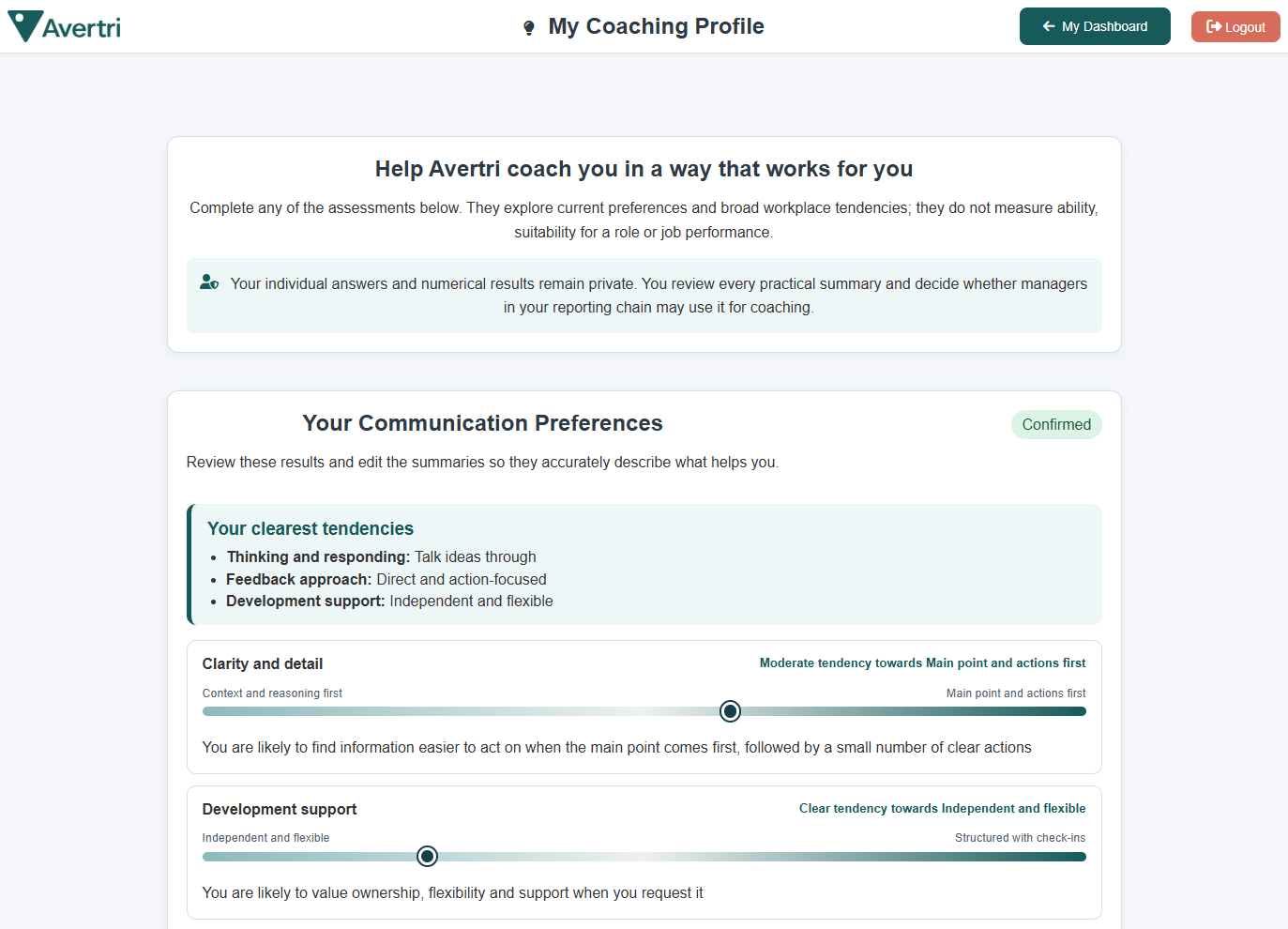 Avertri Coaching Profile showing user-reviewed communication and development-support preferences